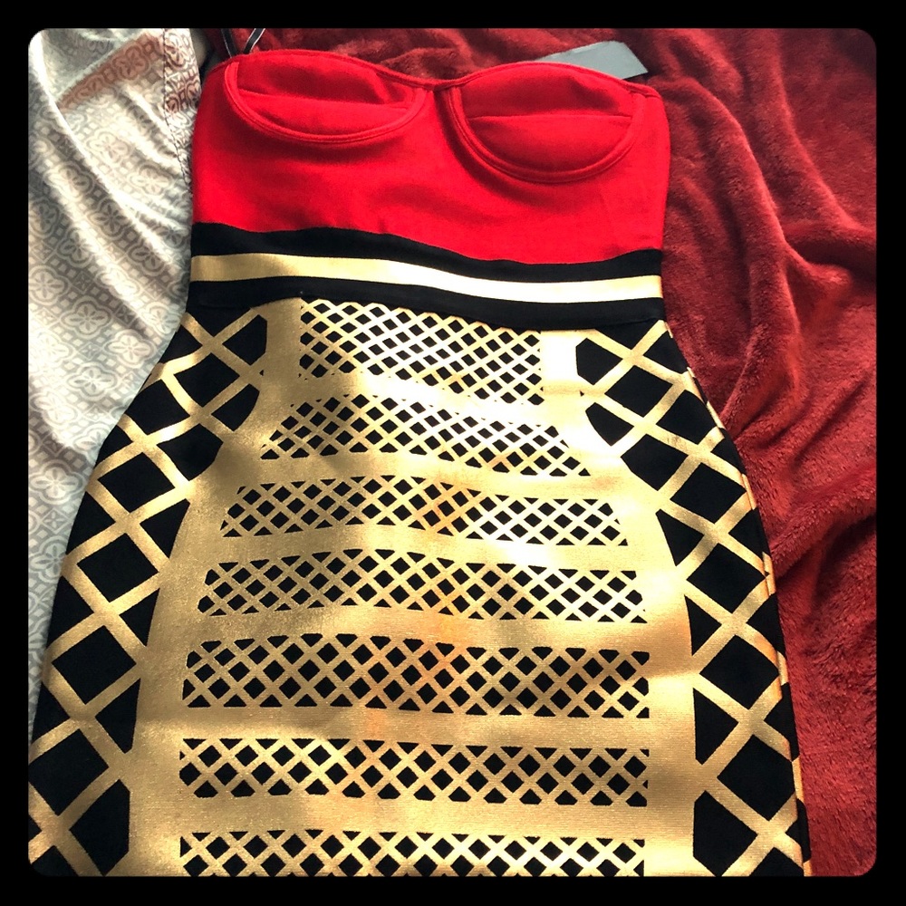 Stunning Red and Gold multi color bandage dress.